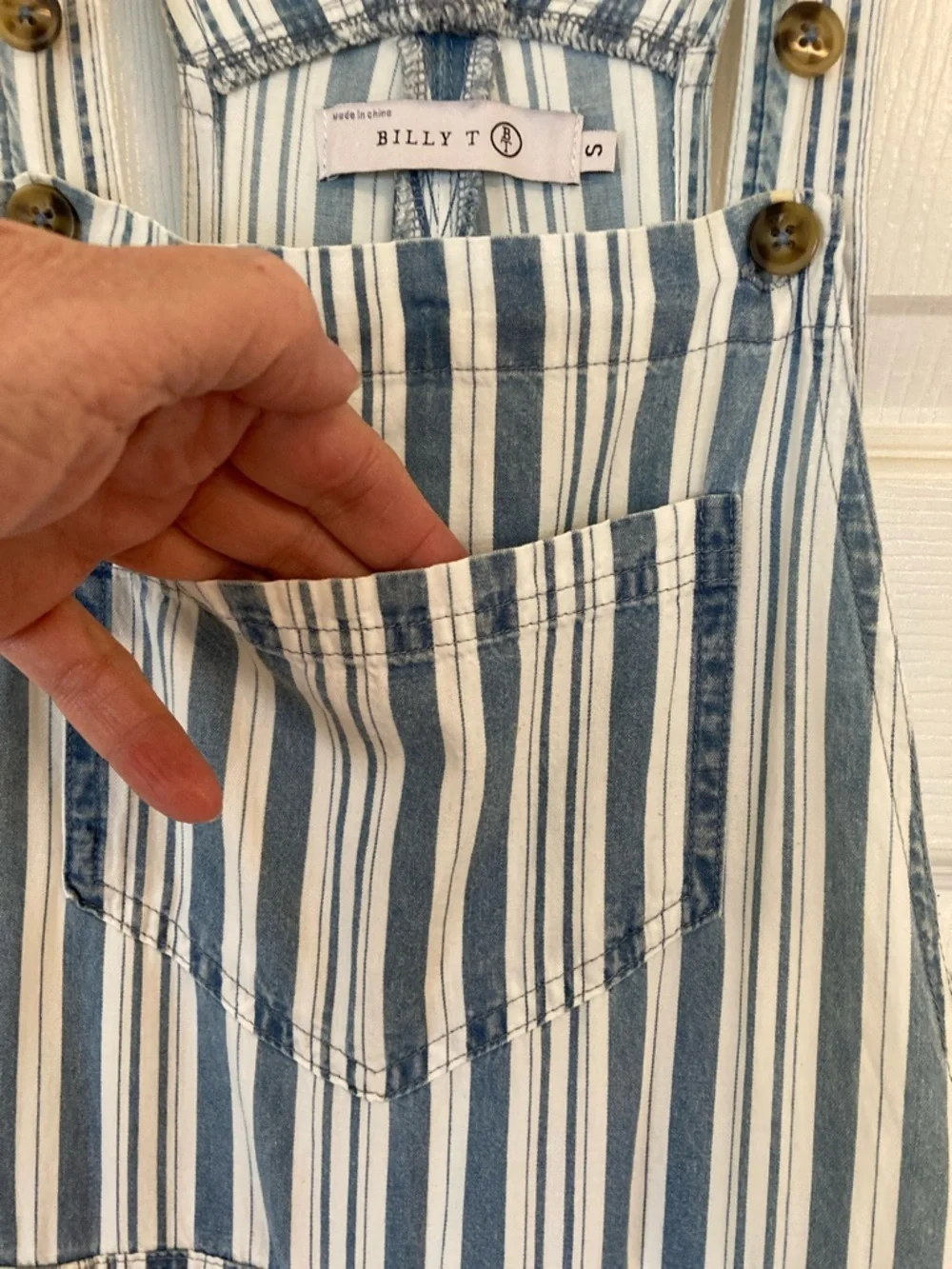 Billy T Striped Blue & White Women's Cotton Overalls Jumpsuit - Picture 3 of 11